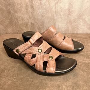 Clarks Dusty Pink Strappy Studded Sandals Leather Heeled Slip On Coastal Boho